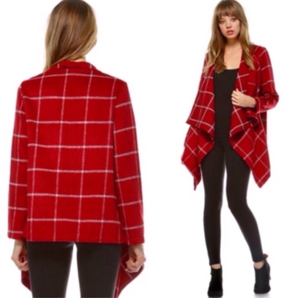 Bohemian Red Plaid Draped Open Front Jacket - Picture 5 of 12